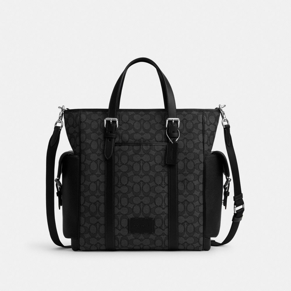 COACH®,Sprint Tote In Signature Jacquard,Leather,Recycled Polyester,Cotton,Tote,Applique,Casual,Black,Front View