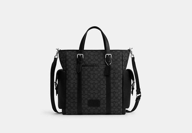 COACH®,SPRINT TOTE IN SIGNATURE JACQUARD,mixedmaterial,Large,Silver/Charcoal/Black,Front View image number 0