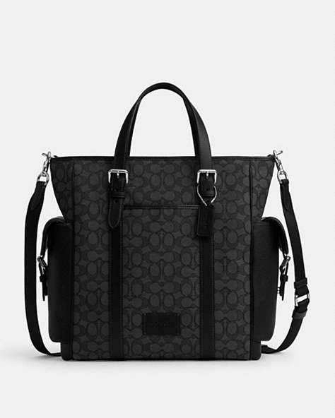 COACH®,SPRINT TOTE IN SIGNATURE JACQUARD,mixedmaterial,X-Large,Silver/Charcoal/Black,Front View