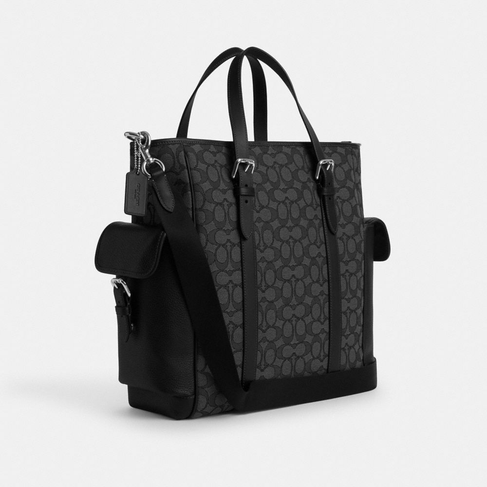 COACH®,SPRINT TOTE IN SIGNATURE JACQUARD,Signature Canvas,Large,Silver/Charcoal/Black,Angle View