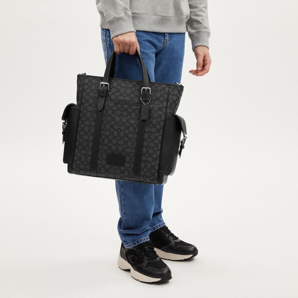COACH®,Sprint Tote In Signature Jacquard,Cotton,Leather,Recycled Polyester,Tote,Applique,Casual,Black,Detail View