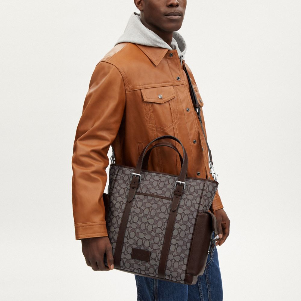 COACH®,Sprint Tote In Signature Jacquard,Cotton,Leather,Recycled Polyester,Tote,Applique,Casual,Brown,Detail View