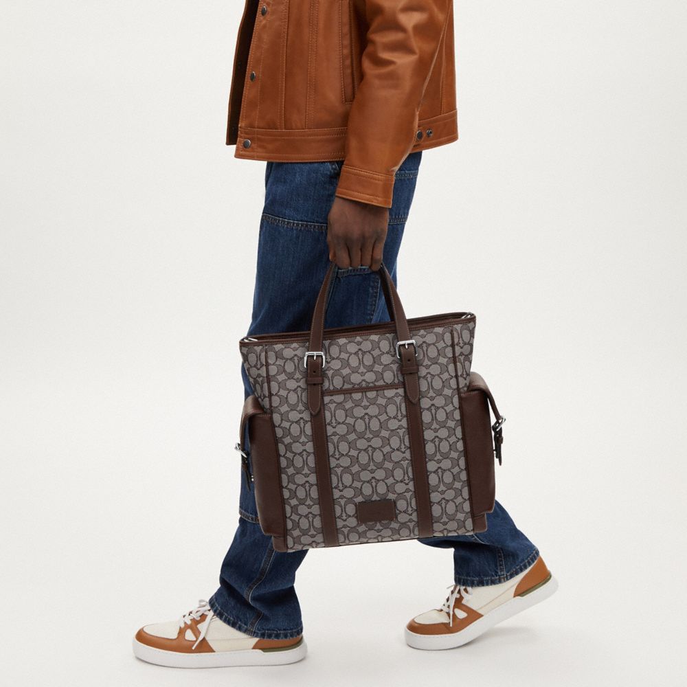 COACH®,Sprint Tote In Signature Jacquard,Leather,Recycled Polyester,Cotton,Tote,Applique,Casual,Brown,Detail View