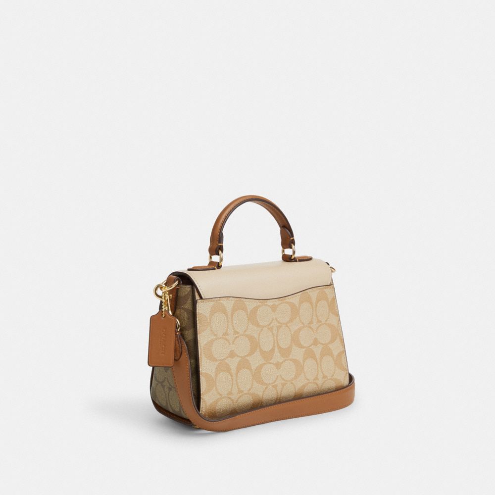 COACH®,MORGAN TOP HANDLE SATCHEL BAG IN BLOCKED SIGNATURE CANVAS,pvc,Medium,Im/Light Khaki/Khaki Multi,Angle View