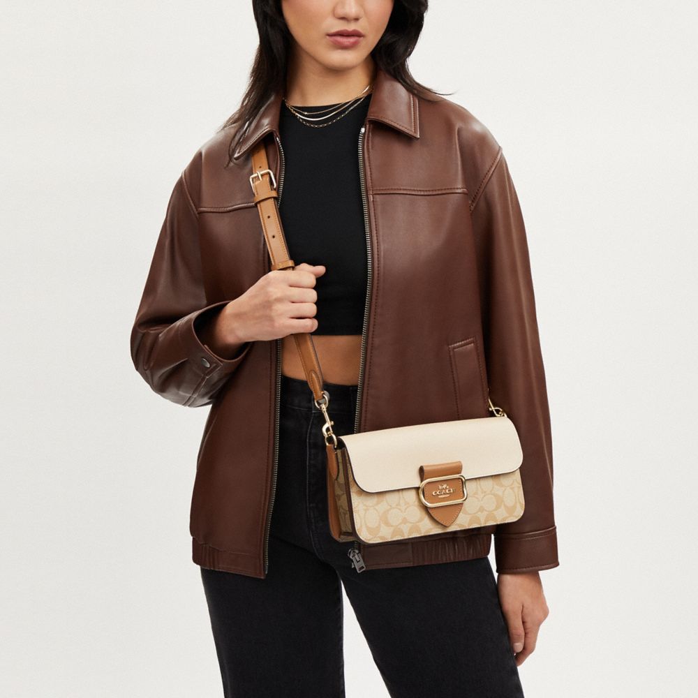 COACH®,Morgan Shoulder Bag In Blocked Signature Canvas,Canvas,Calfskin Leather,Leather,Shoulder Bag,Crossbody,Logo,Gusset,...,Beige,Detail View
