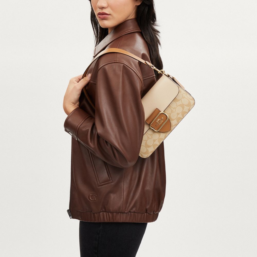 COACH®,Morgan Shoulder Bag In Blocked Signature Canvas,Canvas,Calfskin Leather,Leather,Shoulder Bag,Crossbody,Logo,Gusset,...,Beige,Detail View