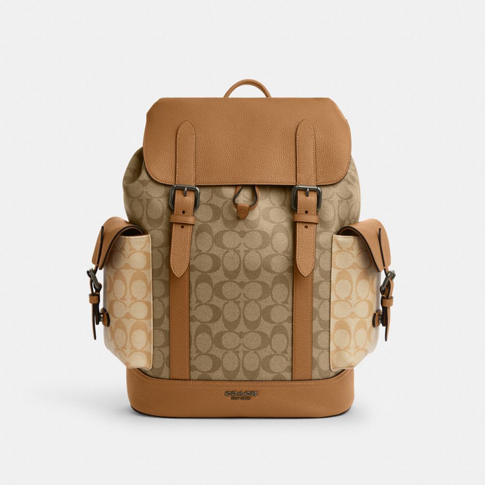 COACH®,HUDSON BACKPACK IN COLORBLOCK SIGNATURE CANVAS,Signature Canvas,Gunmetal/Light Saddle Multi,Front View