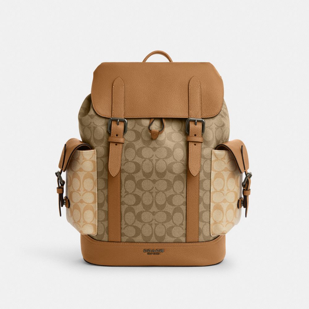 COACH®,Hudson Backpack In Colorblock Signature Canvas,Leather,Canvas,Backpack,Color Block,Casual,Bronze,Front View