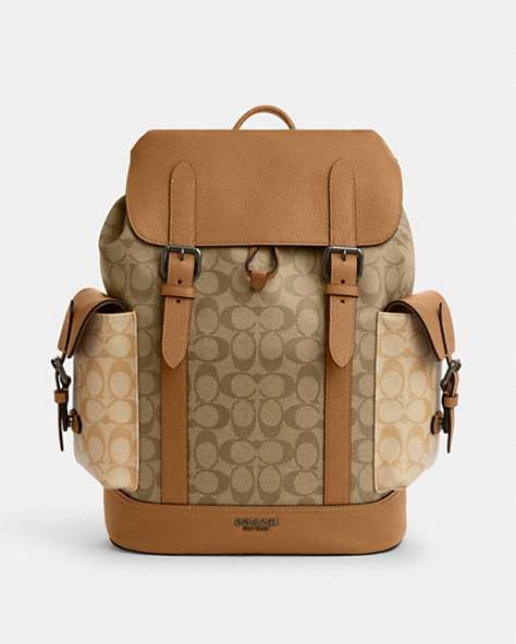 COACH®,HUDSON BACKPACK IN COLORBLOCK SIGNATURE CANVAS,pvc,Gunmetal/Light Saddle Multi,Front View