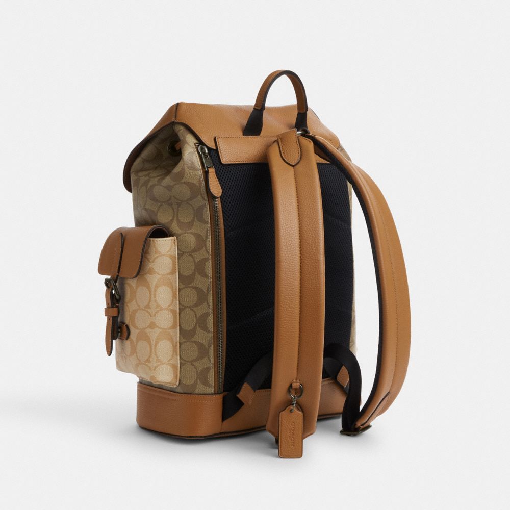 COACH®,HUDSON BACKPACK IN COLORBLOCK SIGNATURE CANVAS,Signature Canvas,X-Large,Gunmetal/Light Saddle Multi,Angle View