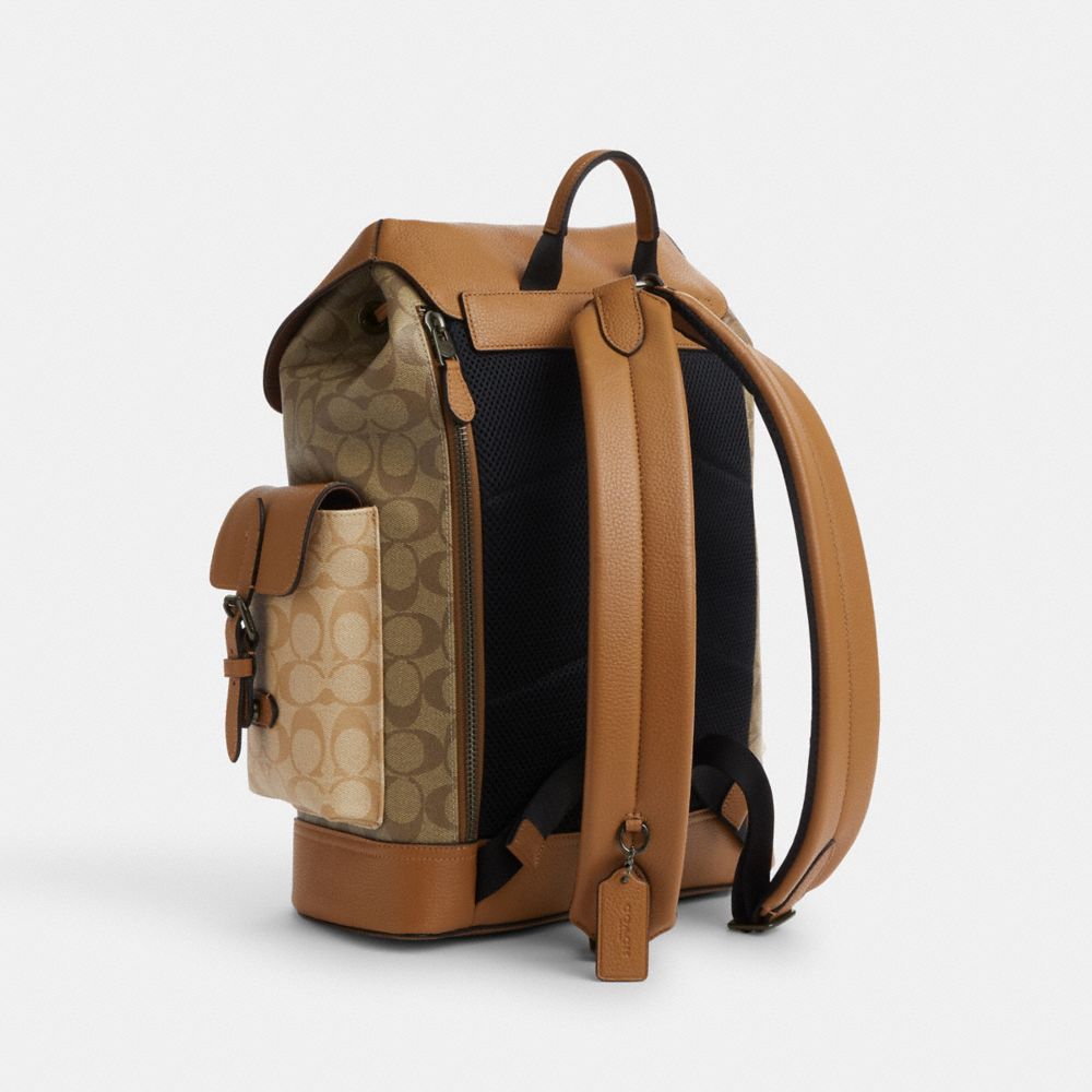 COACH®,HUDSON BACKPACK IN COLORBLOCK SIGNATURE CANVAS,Signature Canvas,Gunmetal/Light Saddle Multi,Angle View