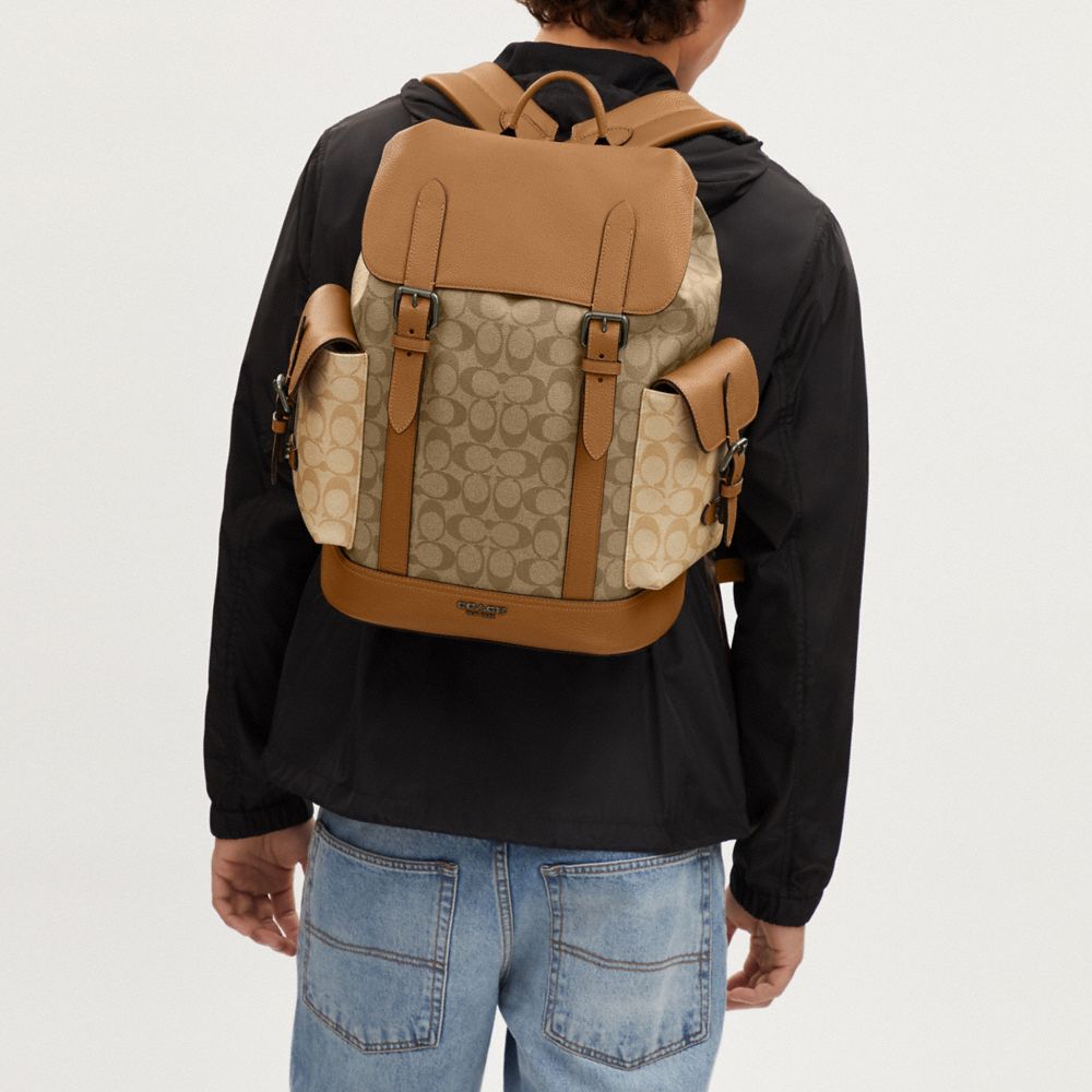 COACH®,Hudson Backpack In Colorblock Signature Canvas,Leather,Canvas,Backpack,Color Block,Casual,Bronze,Detail View