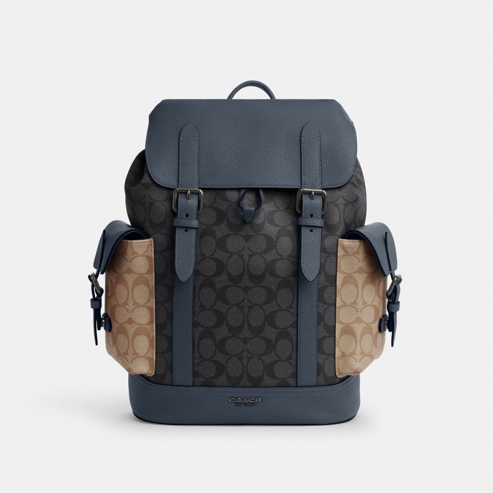 COACH®,HUDSON BACKPACK IN COLORBLOCK SIGNATURE CANVAS,Signature Canvas,X-Large,Qb/Charocal/Khaki/Denim,Front View