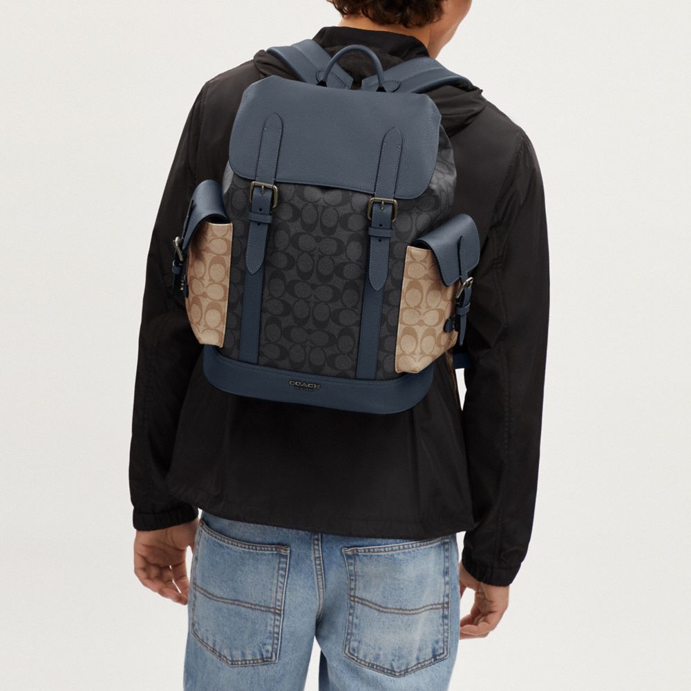 COACH®,Hudson Backpack In Colorblock Signature Canvas,Leather,Canvas,Backpack,Color Block,Casual,Navy,Detail View