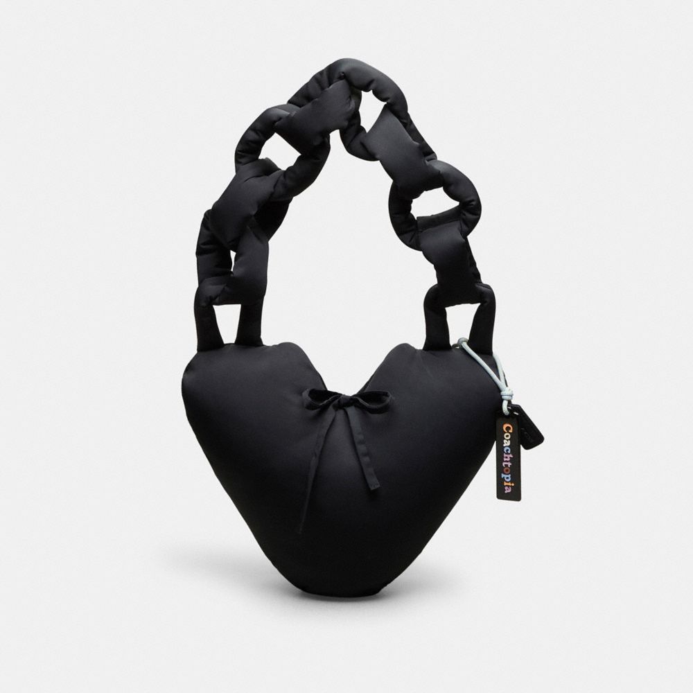 COACH®,Coachtopia Loop Puffy Heart Bag,Recycled Polyester,Medium,Coachtopia Loop,Black,Front View image number 0