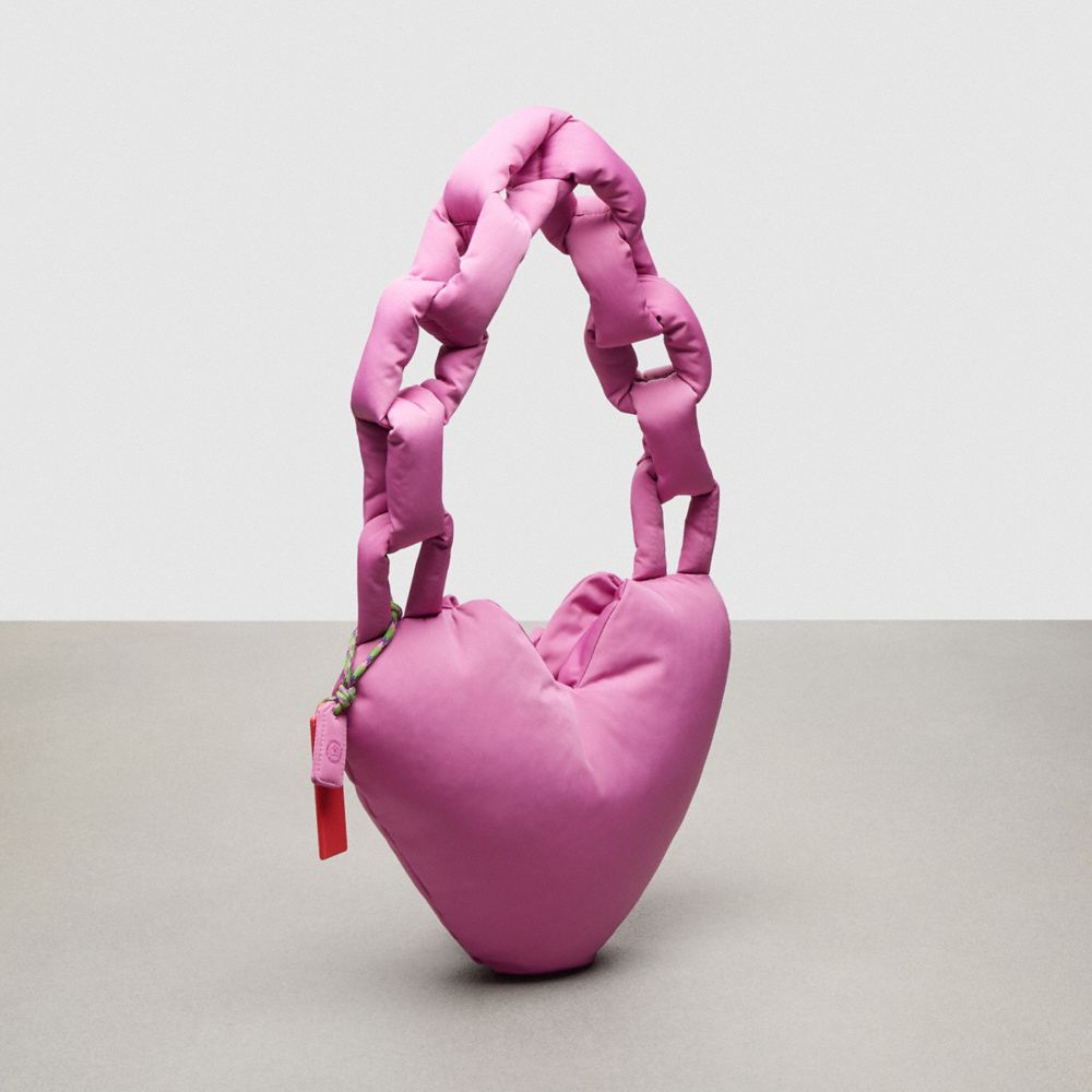 COACH®,Coachtopia Loop Puffy Heart Bag,Recycled Polyester,Medium,Coachtopia Loop,Bright Magenta,Angle View