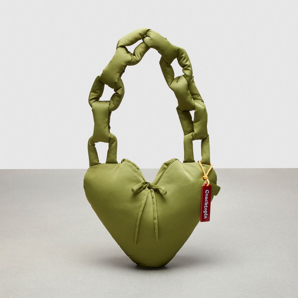 COACH®,Coachtopia Loop Puffy Heart Bag,Recycled Polyester,Medium,Coachtopia Loop,Olive Green,Front View