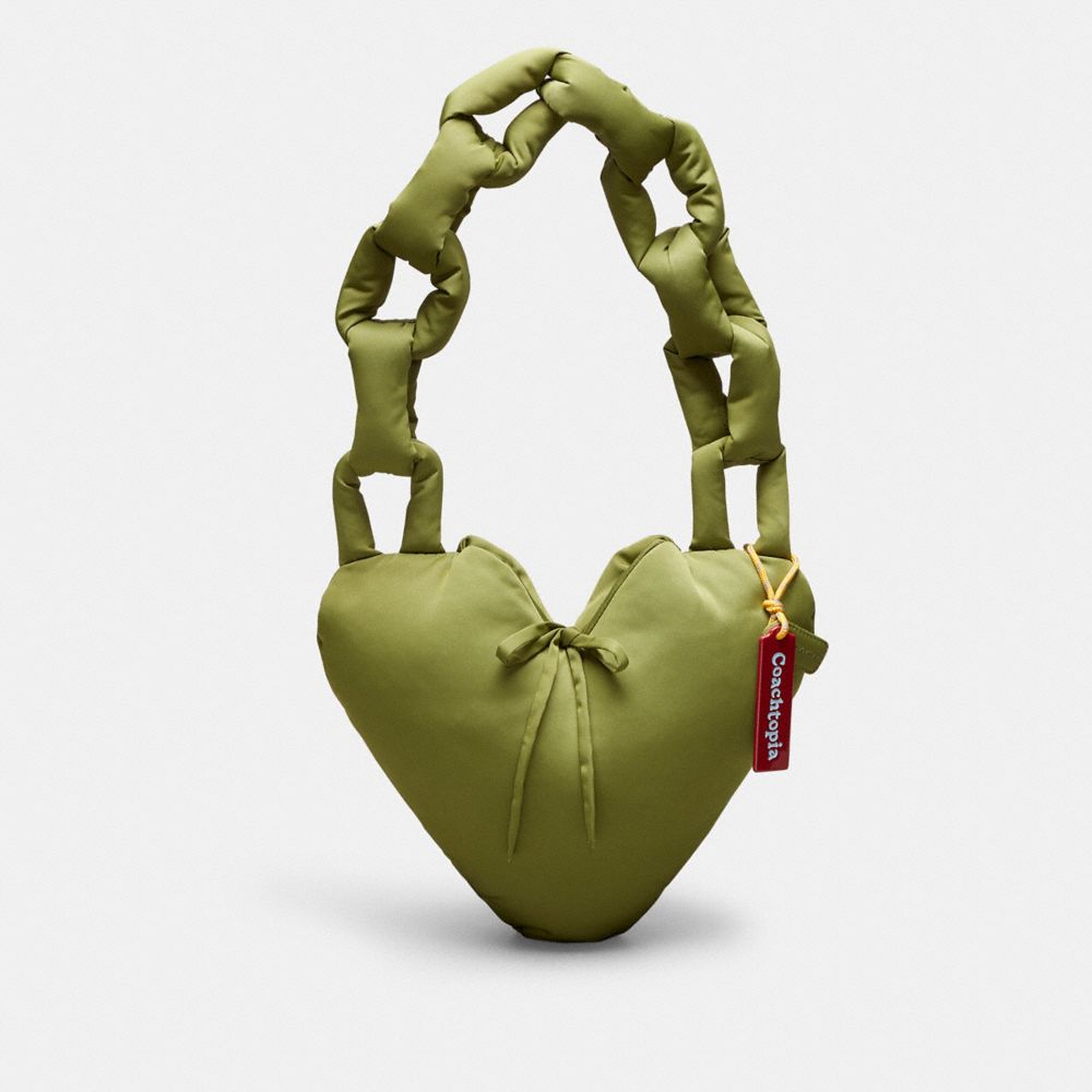 COACH®,Coachtopia Loop Puffy Heart Bag,Recycled Polyester,Medium,Coachtopia Loop,Olive Green,Front View