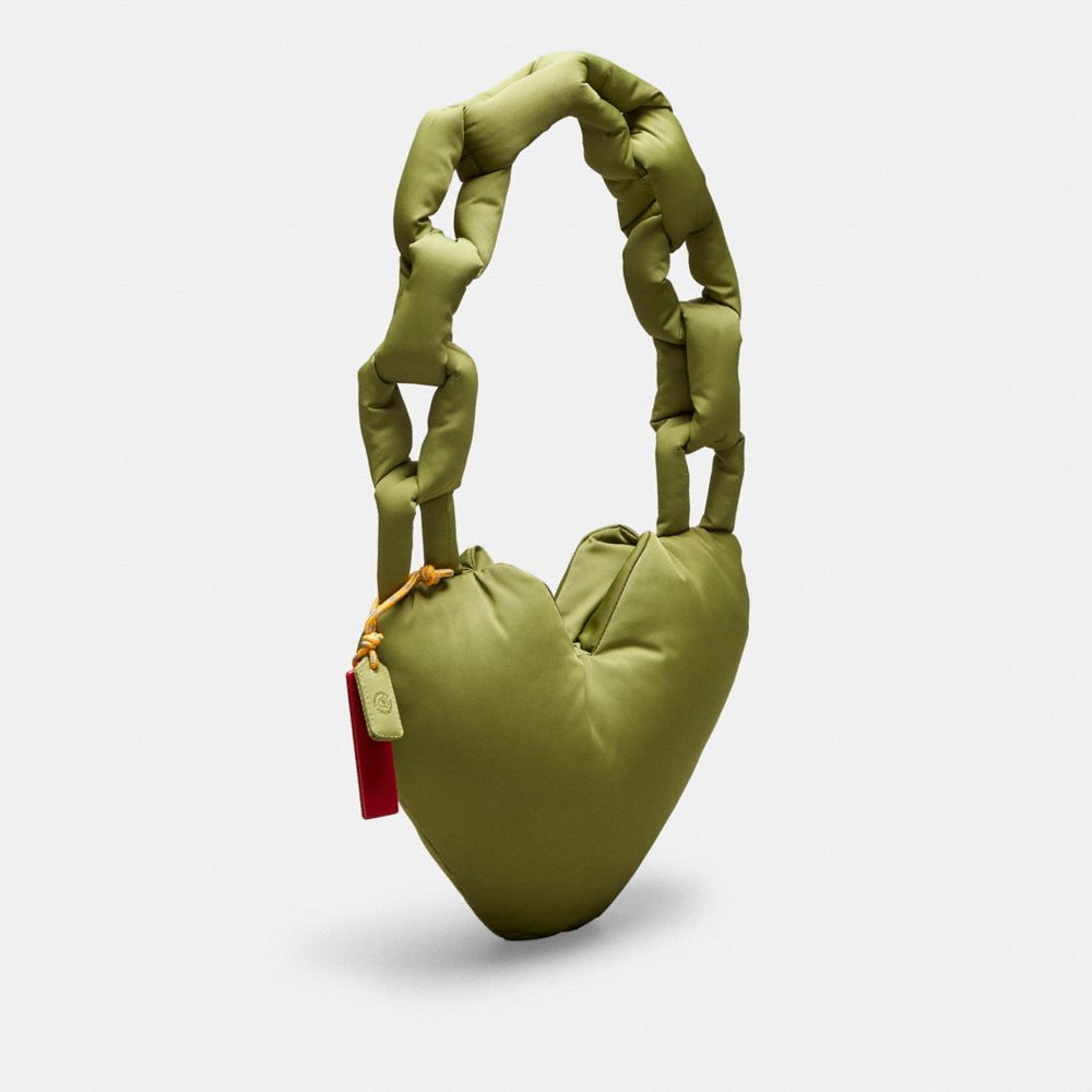 COACH®,Coachtopia Loop Puffy Heart Bag,Lining Recycled Polyester,Recycled Polyester,Shoulder Bag,Plastic,Tag Embellishment...,Olive,Angle View