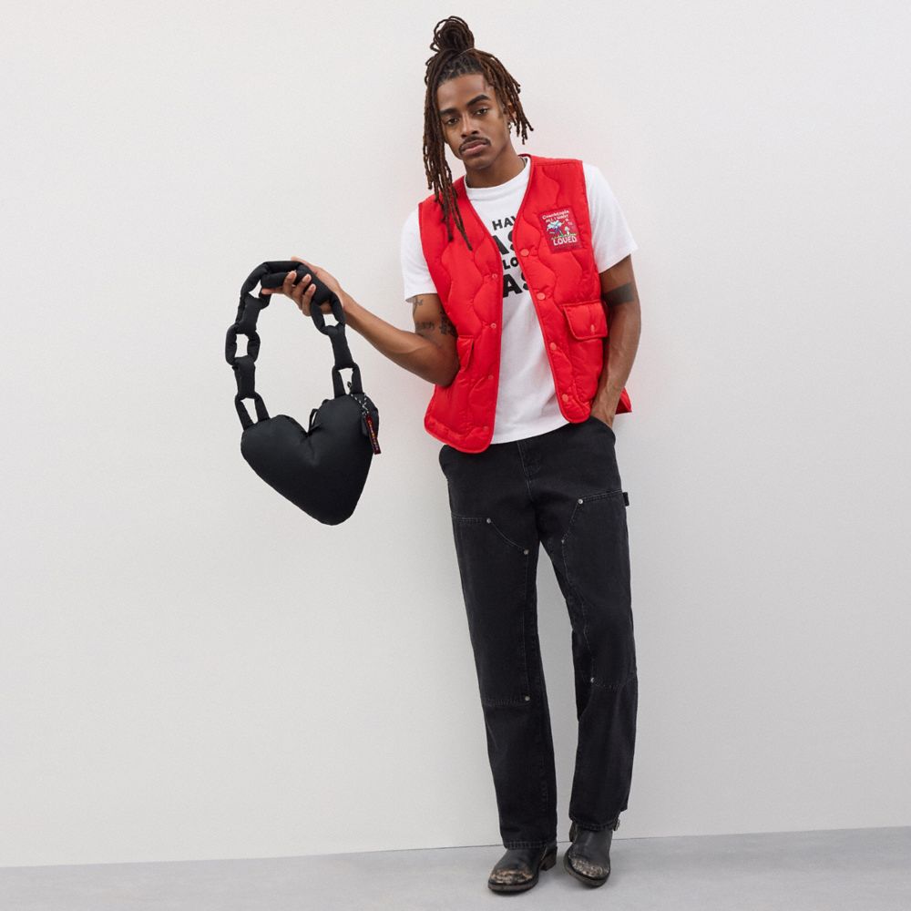 COACH®,Coachtopia Loop Puffy Heart Bag,Recycled Polyester,Lining Recycled Polyester,Shoulder Bag,Plastic,Bow,Logo,3D Embel...,Black,Detail View