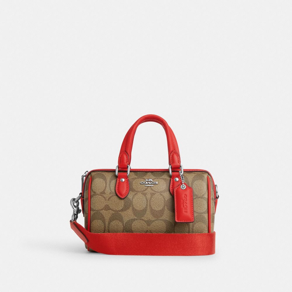 COACH®,MINI SAC BANDOULIÈRE ROWAN EN TOILE EXCLUSIVE,PVC,Argent/Kaki/Rouge Miami,Front View