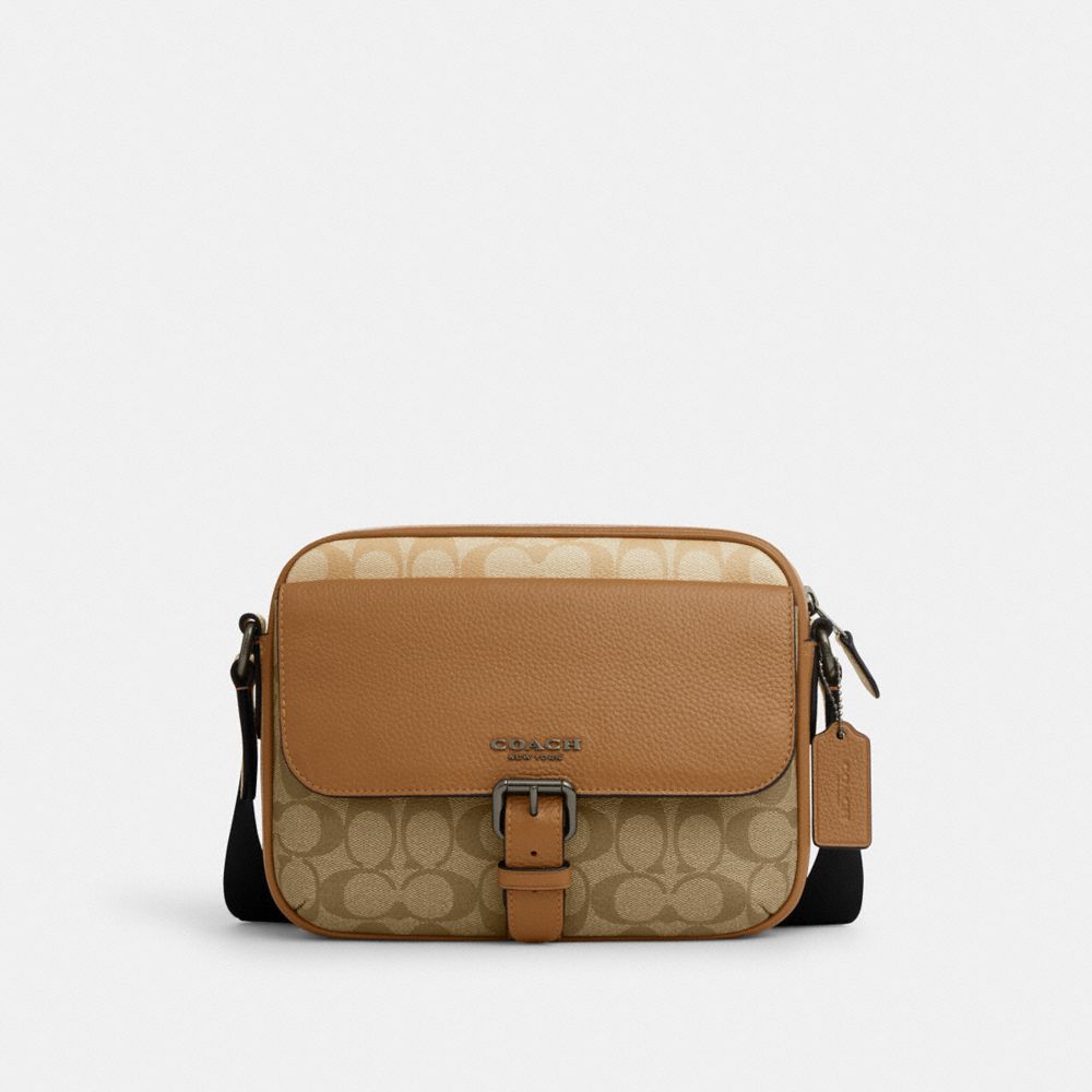 COACH®,HUDSON CROSSBODY BAG IN COLORBLOCK SIGNATURE CANVAS,Signature Canvas,Gunmetal/Light Saddle Multi,Front View