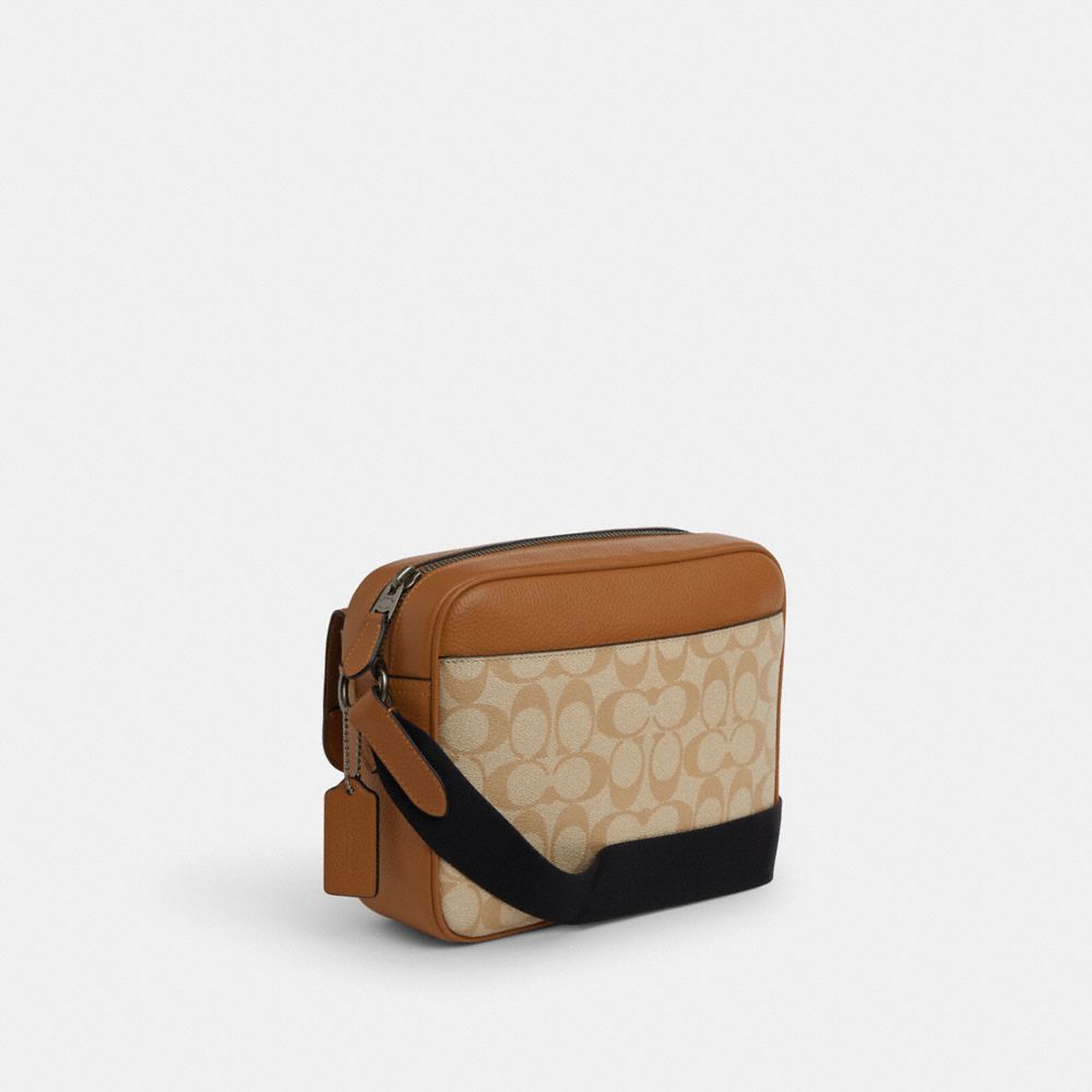 COACH®,Hudson Crossbody Bag In Colorblock Signature Canvas,Leather,Crossbody,Color Block,Casual,Brown,Angle View