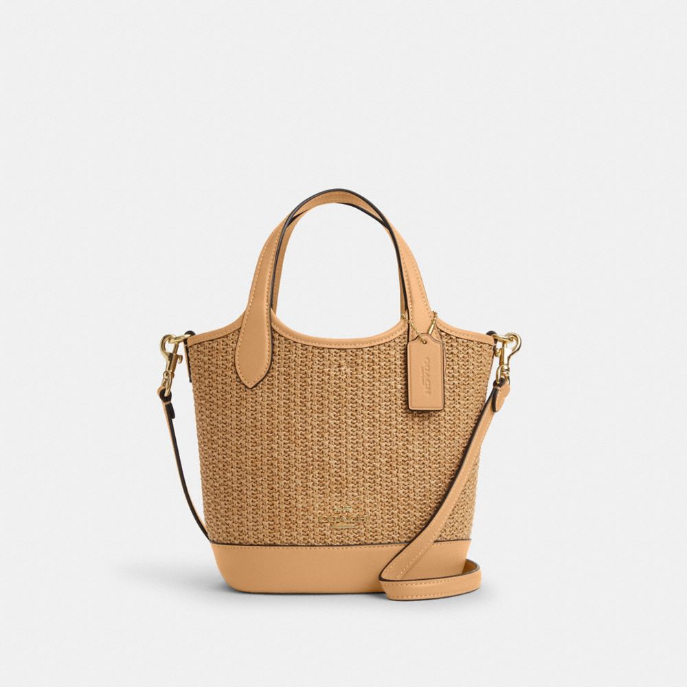 COACH®,Hanna Bucket Bag,Leather,Bucket,Straw,Logo,Metal,Embossed,Day Party,Beige,Front View