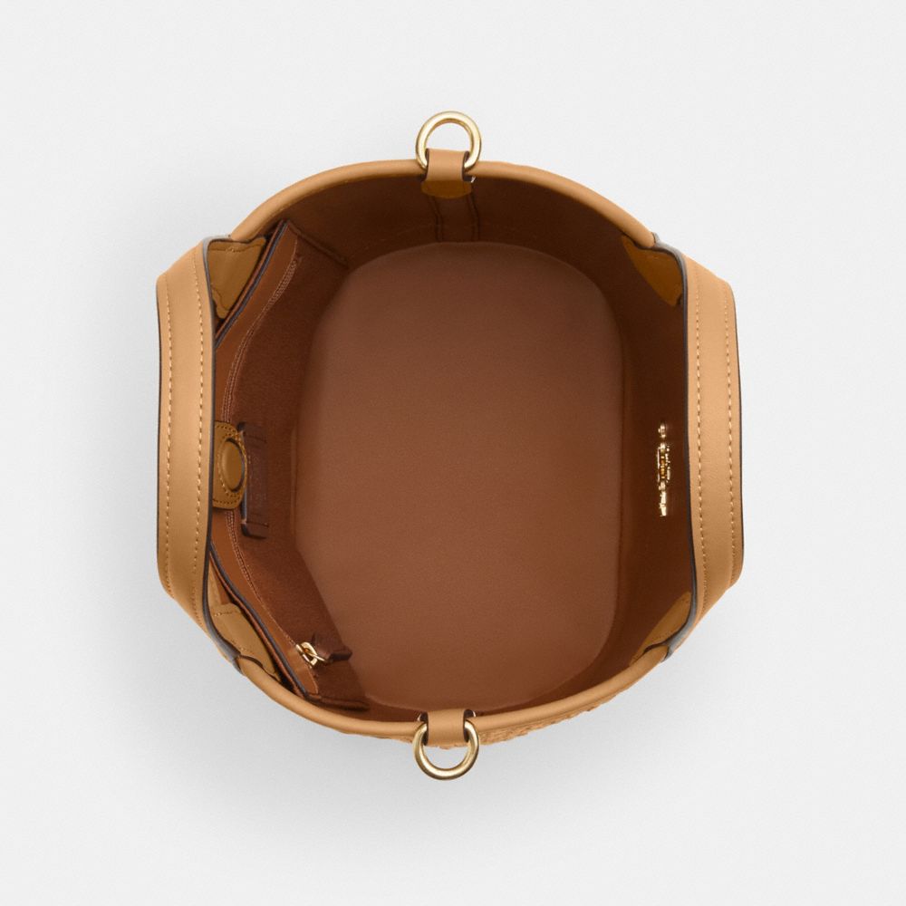 COACH®,Hanna Bucket Bag,Leather,Bucket,Straw,Logo,Metal,Embossed,Day Party,Beige,Inside View,Top View