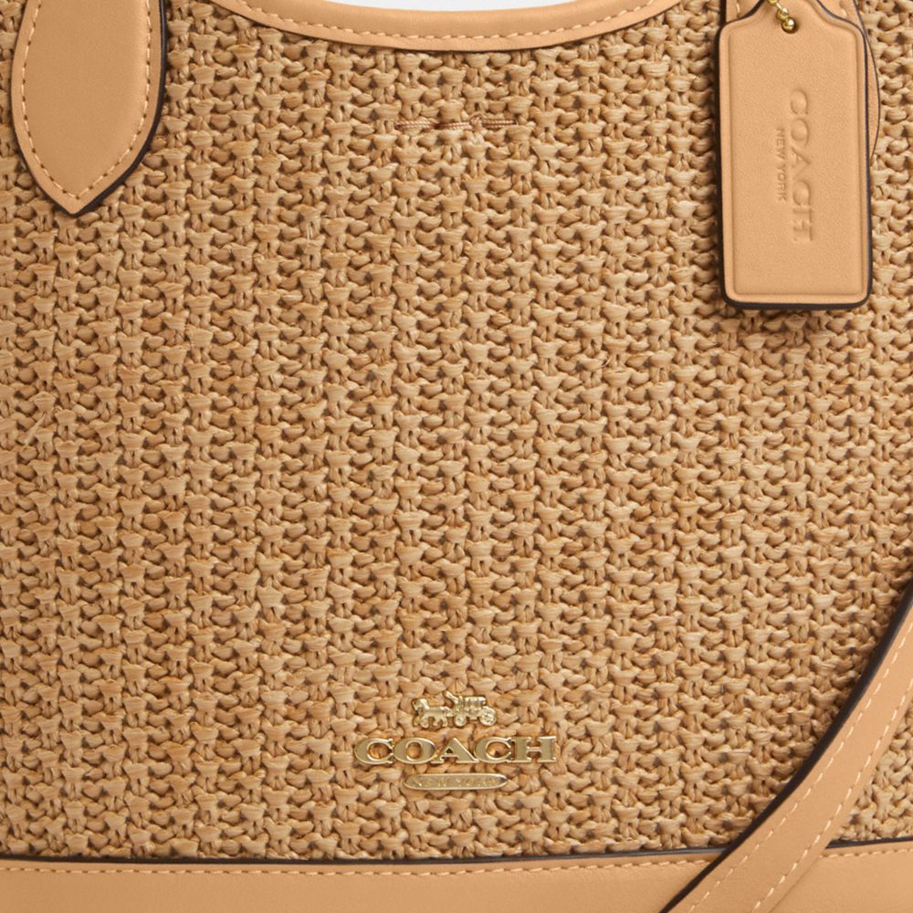 COACH®,Hanna Bucket Bag,Leather,Bucket,Straw,Logo,Metal,Embossed,Day Party,Beige
