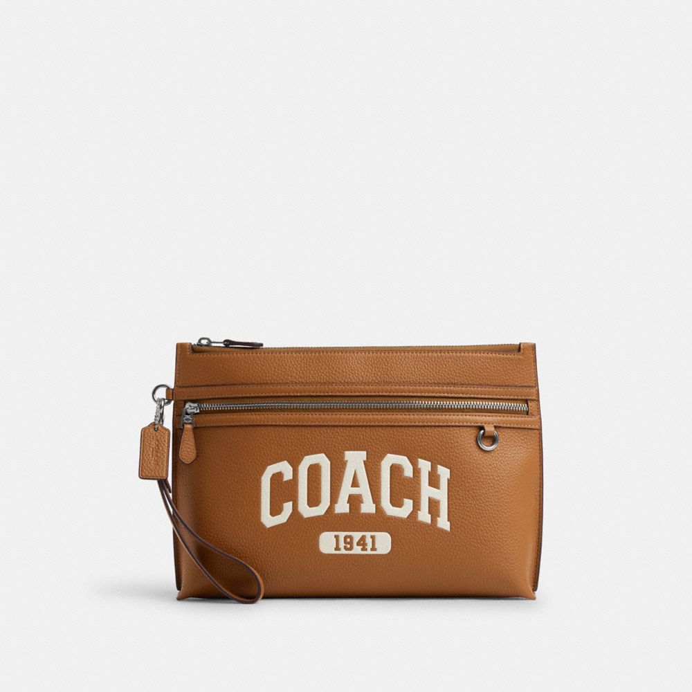 COACH®,POCHETTE FOURRE-TOUT VARSITY,Cuir,Argent/Brun pâle,Front View