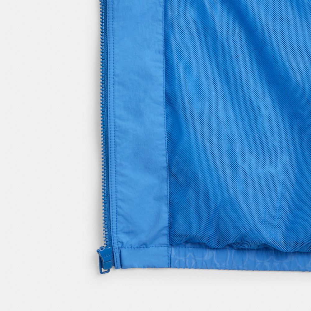 COACH®,Windbreaker,Recycled Polyester,Polyamide,Windbreaker,Logo,Metal,Sustainable,Ripstop,Casual,Blue,Inside View,Top View
