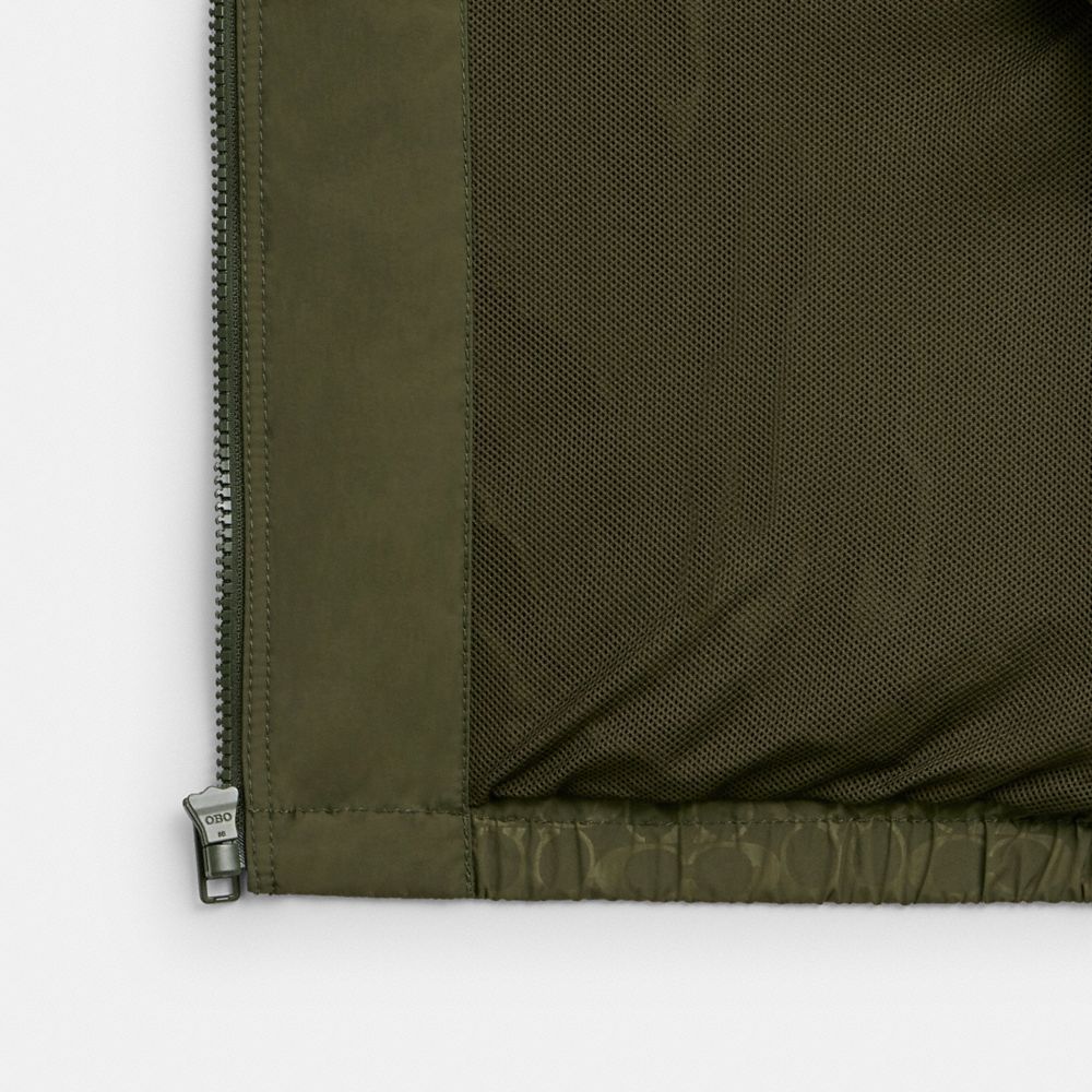 COACH®,Windbreaker,Recycled Polyester,Polyamide,Windbreaker,Logo,Metal,Sustainable,Ripstop,Casual,Olive,Inside View,Top View