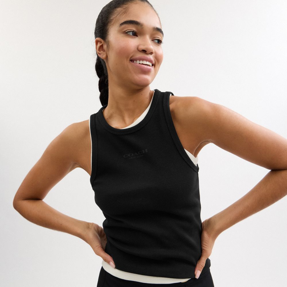 COACH®,Tank Top,Spandex,Cotton,Tank,Logo,Casual,Black,Detail View