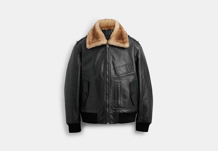COACH®,SHEARLING UTILITY JACKET,Leather,Black,Front View
