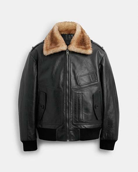COACH®,SHEARLING UTILITY JACKET,Leather,Black,Front View