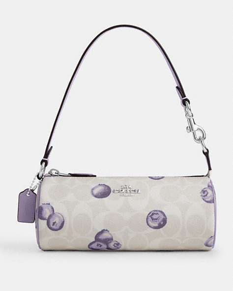 COACH®,NOLITA BARREL BAG IN SIGNATURE CANVAS WITH BLUEBERRY PRINT,Silver/Chalk/Light Violet,Front View