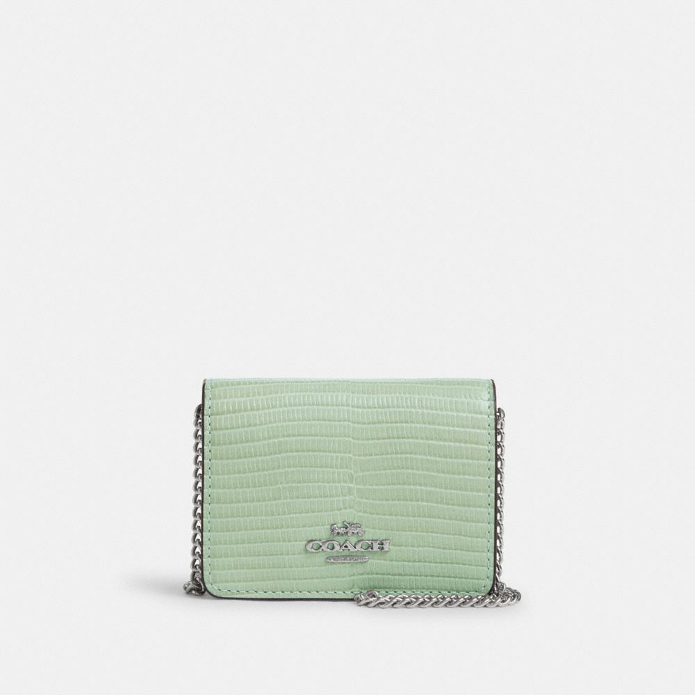 COACH®,MINI WALLET ON A CHAIN,Novelty Leather,Mini,Silver/Pale Green,Front View