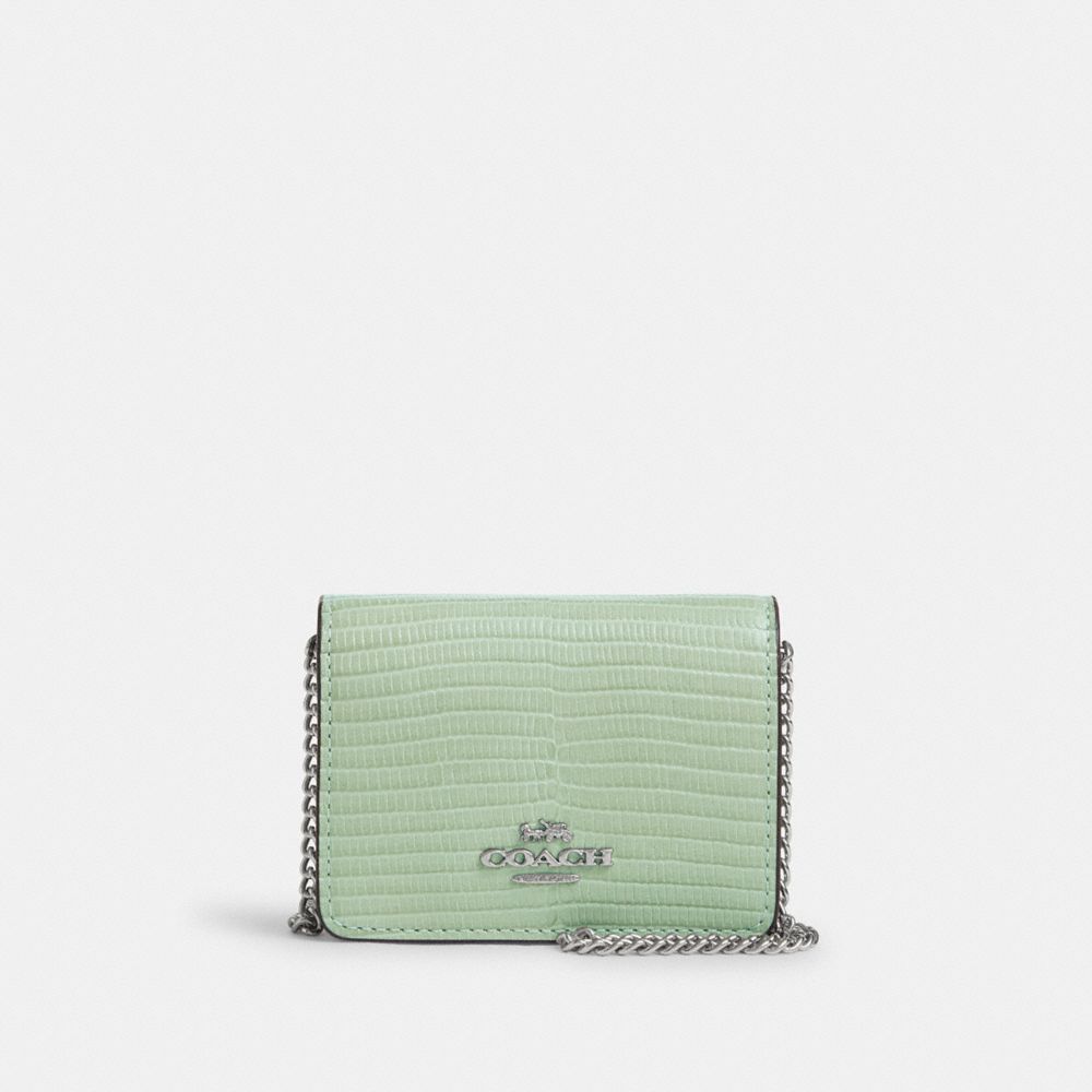 COACH®,MINI WALLET ON A CHAIN,Leather,Mini,Silver/Pale Green,Front View