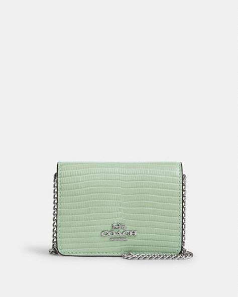 COACH®,MINI WALLET ON A CHAIN,Leather,Mini,Silver/Pale Green,Front View