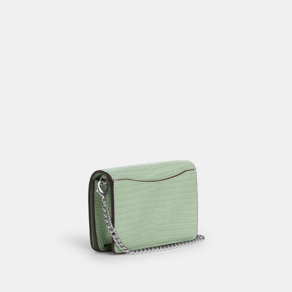 COACH®,MINI WALLET ON A CHAIN,Novelty Leather,Mini,Silver/Pale Green,Angle View