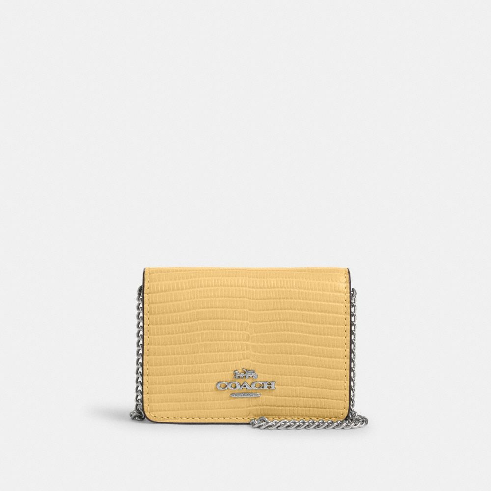 COACH®,MINI PORTEFEUILLE SUR UNE CHAÎNE,Cuir,Argent/Foin,Front View