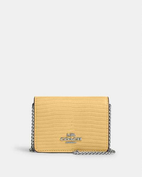 COACH®,MINI WALLET ON A CHAIN,Leather,Mini,Silver/Hay,Front View