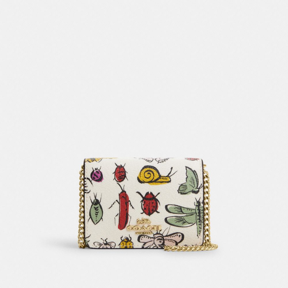 COACH®,MINI WALLET ON A CHAIN WITH CREATURE PRINT,Novelty Print,Gold/Chalk Multi,Front View