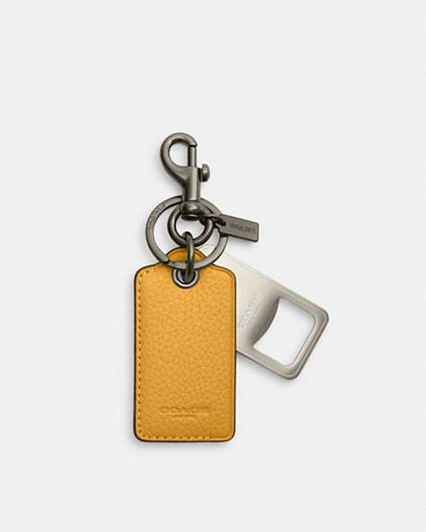COACH®,BOTTLE OPENER KEY FOB IN COLORBLOCK,Leather,Black Antique Nickel/Honeycomb/Miami Red,Front View
