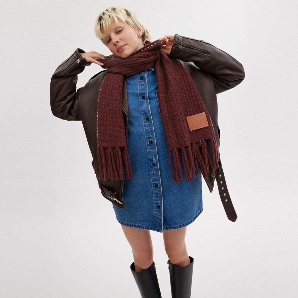 COACH®,Chunky Oversized Muffler,Alpaca,Nylon,Wool,Rectangle,Fringe,Casual,Maroon,Detail View