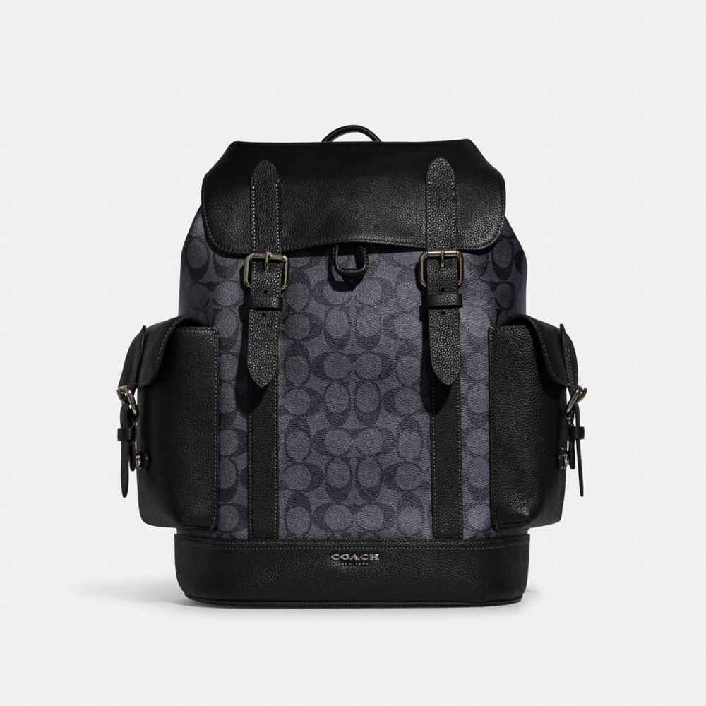 COACH®,HUDSON BACKPACK IN SIGNATURE CANVAS,mixedmaterial,Gunmetal/Charcoal/Black,Front View