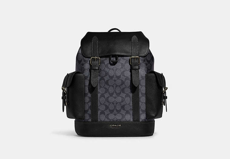 COACH®,HUDSON BACKPACK IN SIGNATURE CANVAS,mixedmaterial,X-Large,Gunmetal/Charcoal/Black,Front View image number 0