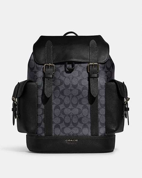 COACH®,HUDSON BACKPACK IN SIGNATURE CANVAS,mixedmaterial,Gunmetal/Charcoal/Black,Front View