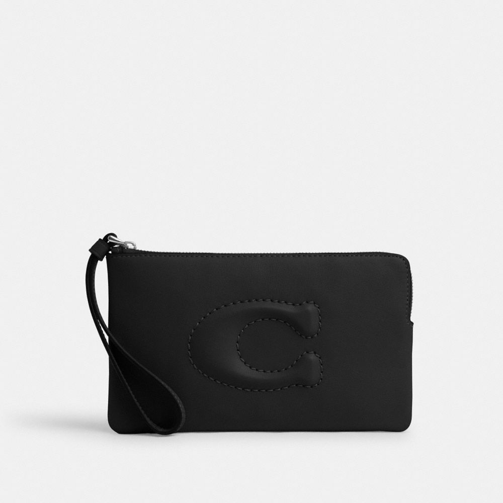 COACH®,GRAND WRISTLET AVEC ZIP EN COIN,Cuir lisse,Argent/Noir,Front View